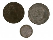 1 y 5 pesetas (dos). Lote de 3 monedas, una falsa de época. A examinar. BC/MBC-.