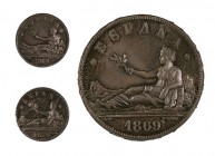 1969. Estuche con 3 medallas reproduciendo las 2 monedas de 20 céntimos de 1869 y 1870, y otra de 5 pesetas del Gobierno Provisional. S/C.