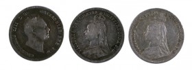 1835, 1890 y 1891. Gran Bretaña. Guillermo IV y Victoria. 3 peniques. (Kr. 710 y 758). AG. Lote de 3 monedas. BC+/MBC.