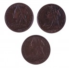 1896-1901 (dos). Gran Bretaña. Victoria. 1 penique. (Kr. 790). CU. Lote de 3 monedas. MBC-/MBC+.