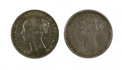 1858-1881. Gran Bretaña. Victoria. 3 peniques. (Kr. 730). AG. Lote de 2 monedas. MBC-/EBC-.