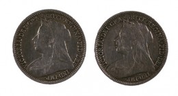 1896-1898. Gran Bretaña. Victoria. 3 peniques. (Kr. 777). AG. Lote de 2 monedas. MBC/EBC.