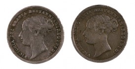 1884-1885. Gran Bretaña. Victoria. 6 peniques. (Kr. 757). AG. Lote de 2 monedas. MBC-/MBC.