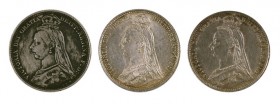 1887 (dos)-1889. Gran Bretaña. Victoria. 6 peniques. (Kr. 757 y 760). AG. Lote de 3 monedas. MBC/EBC+.