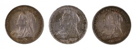 1896, 1900 y 1901. Gran Bretaña. Victoria. 6 peniques. (Kr. 779). AG. Lote de 3 monedas. EBC-/EBC+.