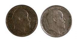 1902-1905. Gran Bretaña. Eduardo VII. 3 peniques. (Kr. 797.1 y 797.2). AG. Lote de 2 monedas. EBC-/EBC.