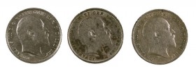 1906, 1907 y 1909. Gran Bretaña. Eduardo VII. 3 peniques. (Kr. 797.2). AG. Lote de 3 monedas. MBC/EBC-.