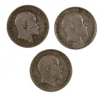 1903, 1908 y 1910. Gran Bretaña. Eduardo VII. 3 peniques. (Kr. 797.1 y 797.2). AG. Lote de 3 monedas. MBC/EBC-.