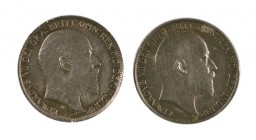 1902-1905. Gran Bretaña. Eduardo VII. 6 peniques. (Kr. 799). AG. Lote de 2 monedas. MBC/EBC-.