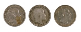1907, 1909 y 1910. Gran Bretaña. Eduardo VII. 6 peniques. (Kr. 799). AG. Lote de 3 monedas. MBC-/MBC.