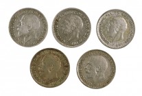 1920, 1921, 1925, 1926 y 1928. Gran Bretaña. Jorge V. 3 peniques. (Kr. 813, 813a y 831). AG. Lote de 5 monedas. MBC/MBC+.