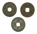 (1580-1620). Japón. 1 mon. AE. Lote de 3 monedas: Ky Ushu Toku Gen Ho (dos) y Gen Ho Tsu Ho. A examinar. MBC-.