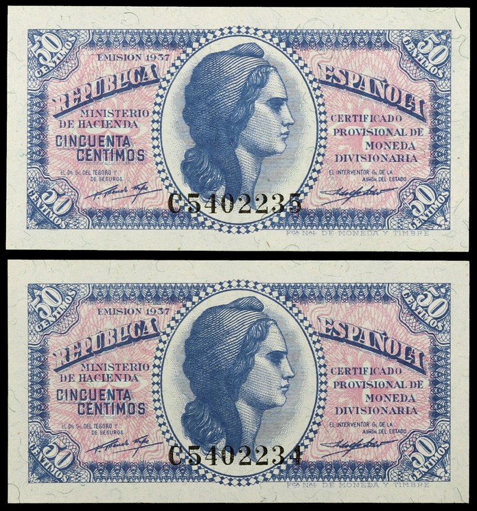 1937. 50 céntimos. (Ed. C42a) (Ed. 391a). Pareja correlativa. Serie C. S/C.