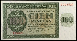 1936. Burgos. 100 pesetas. (Ed. D22a) (Ed. 421a). 21 de noviembre. Serie V. Doblez central, casi inapreciable. EBC+.