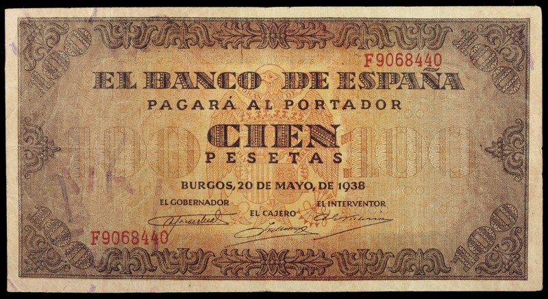 1938. Burgos. 100 pesetas. (Ed. D33a). 20 de mayo. Serie F. MBC-.