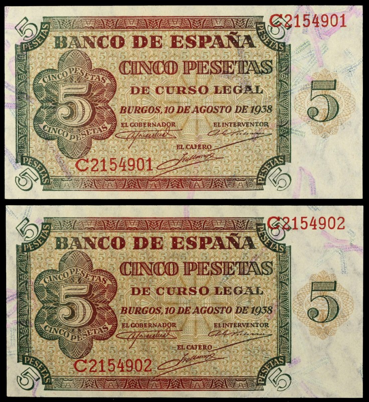 1938. Burgos. 5 pesetas. (Ed. D36a) (Ed. 435a). 10 de agosto. Pareja correlativa...