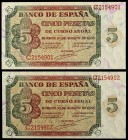 1938. Burgos. 5 pesetas. (Ed. D36a) (Ed. 435a). 10 de agosto. Pareja correlativa, serie C. S/C-.