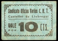 Castellet de Llobregat. Sindicato Oficios Varios C.N.T. 10 céntimos. (AL. 3146). Cartón nº 060. Raro. MBC.