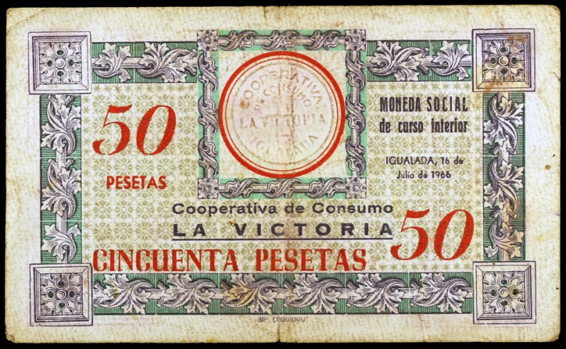 Igualada. Lote de 8 billetes. Unió de Cooperadors 2 y 10 (5) pesetas y Cooperati...