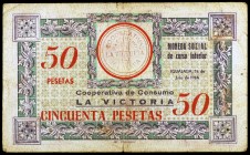 Igualada. Lote de 8 billetes. Unió de Cooperadors 2 y 10 (5) pesetas y Cooperativa de Consum La Victoria 25 y 50 pesetas. BC/EBC.