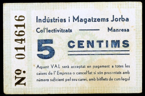 Manresa. Industries i Magarzems Jorba Col·lectivitzats. 5 y10 céntimos. (AL. 317...
