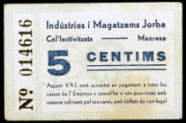 Manresa. Industries i Magarzems Jorba Col·lectivitzats. 5 y10 céntimos. (AL. 3170 y 3171). Lote de 2 cartones, serie completa. Raros. BC/MBC+.