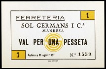 Manresa. Ferreteria Sol Germans i Cia. 50 céntimos y 1 peseta. (AL. 3173 y 3174). 2 billetes. EBC+.