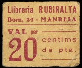 Manresa. Llibreria Rubiralta. 15 y 25 céntimos. (AL. 3186 y falta). Lote de 2 cartones. Raros. BC+/MBC+.