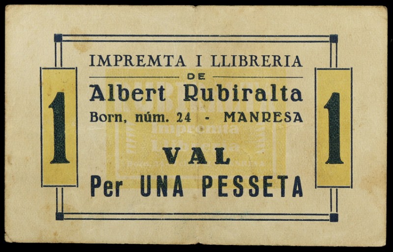 Manresa. Imprenta i Llibreria Albert Rubiralta. 1 peseta. (AL falta). Raro. MBC-...