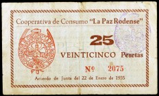 Roda de Ter. Cooperativa de Consumo "La Paz Rodense". 25 pesetas. (AL. falta). Postguerra. BC+.