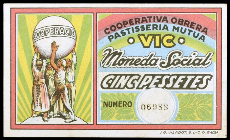 Vic. Cooperativa Obrera Pastisseria Mútua. 5 pesetas. (AL. 3067). EBC.