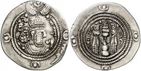 Año 31 (591 d.C.). Imperio Sasánida. Kushru II. VH (Veh Andew Shahpuhr). Dracma. (Mitchiner A. & C. W. 1144 var). 3,54 g. Variante con ("alabanza") en...