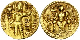 (335-380 d.C.). Imperio Gupta. Dinar. (Mitchiner A. & C. W. 4773-80) (Fr. 70). 7,57 g. Escasa. EBC-.