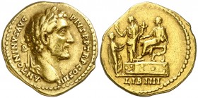 (145 d.C.). Antonino pío. Áureo. (Spink 4009 var) (Co. 496 var) (RIC. 141 var) (Calicó 1572). 7,26 g. Rara. MBC+.