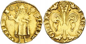 Pere III (1336-1387). Perpinyà. Florí. (Cru.V.S. 384) (Cru.Comas 16) (Cru.C.G. 2206). 3,46 g. Marca: rosa de anillos. MBC.
