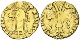 Pere III (1336-1387). Barcelona. Mig florí. (Cru.V.S. 390) (Cru.Comas 23) (Cru.C.G. 2215). 1,71 g. Marca: rosa de puntos. MBC-.
