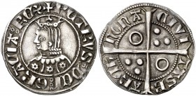 Pere III (1336-1387). Barcelona. Croat. (Cru.V.S. 402) (Cru.C.G. 2220b). 3,17 g. Flores de seis pétalos en el vestido. Letras A y U latinas. Atractiva...