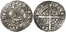 Pere III (1336-1387). Barcelona. Croat. (Cru.V.S. 402.1) (Cru.C.G. 2220d). 3,09 g. Flores de seis pétalos en el vestido. Letras A y U latinas. MBC.