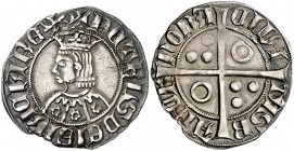 Pere III (1336-1387). Barcelona. Croat. (Cru.V.S. 403.1) (Cru.C.G. 2220l). 3 g. Flores de seis pétalos en el vestido. Letras A y U góticas. Sin puntua...