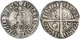 Pere III (1336-1387). Barcelona. Croat. (Cru.V.S. 407.1 var) (Cru.C.G. 2224a var). 3,19 g. Flores de seis pétalos y cruz en el vestido. Letras góticas...