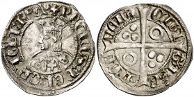 Pere III (1336-1387). Barcelona. Croat. (Cru.V.S. 408.8) (Cru.C.G. 2223n). 3,23 g. Flores de seis pétalos y cruz en el vestido. Letras góticas. Bella....