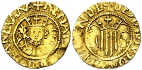 Reiner d'Anjou (1466-1472). Barcelona. Quarterola de pacífic. (Cru.V.S. 927.3) (Cru.C.G. 3050 var). 0,77 g. Ex Áureo 20/04/2005, nº 215. Rara. MBC.