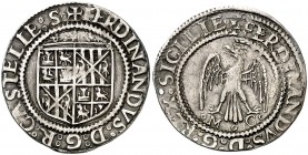 Ferran II (1479-1516). Sicília. Tari. (Cru.V.S. 1239 var) (Cru.C.G. 3146) (MIR. 244/2). 3,49 g. Sin armas catalanas. Escasa. MBC+/MBC.
