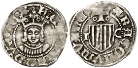 Ferran II (1479-1516). Zaragoza. Cuarto de real. (Cru.V.S. 1306 var) (Cru.C.G. 3206 var). 0,89 g. Ex Áureo 28/4/1999, nº 2269. Rara. MBC-.
