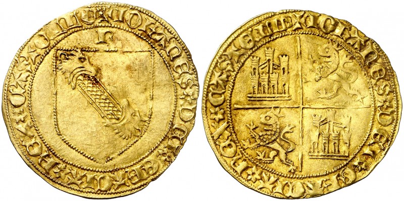 Juan II (1406-1454). Burgos. Dobla de la banda. (AB. 615). 4,56 g. Preciosa páti...