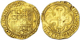 s/d. Juana y Carlos. Burgos. 1 escudo. (Cal. 36). 3,33 g. Punzonada en reverso. Rara. MBC-.