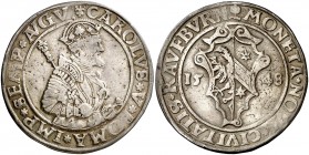 1548. Carlos I. Kaufbeumen. 1 escudo/taler. (Dav. 9351) (Ha. 2366 var). 28,49 g. Ex Colección Rocaberti, Áureo 19/05/1992, nº 124. Ex Colección Balsac...
