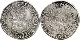1564. Fernando I, hermano de Carlos I. Ostfriesland. 1 taler. (Dav. 9610). 27,78 g. Ex Künker 18/06/2012, nº 3340. Rara. MBC+.