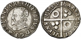 1598. Felipe II. Barcelona. 1 croat. (Cal. 608) (Cru.C.G. 4246j). 3,29 g. Insignificante rayita en reverso, pero magnífico ejemplar. Ex Áureo 16/05/19...
