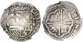 * s/d (1577-1588). Felipe II. Lima. D. 2 reales. (Cal. 487). En cápsula de la NGC como F15, nº 4660884-010. Moneda exenta de pago de tasas de exportac...